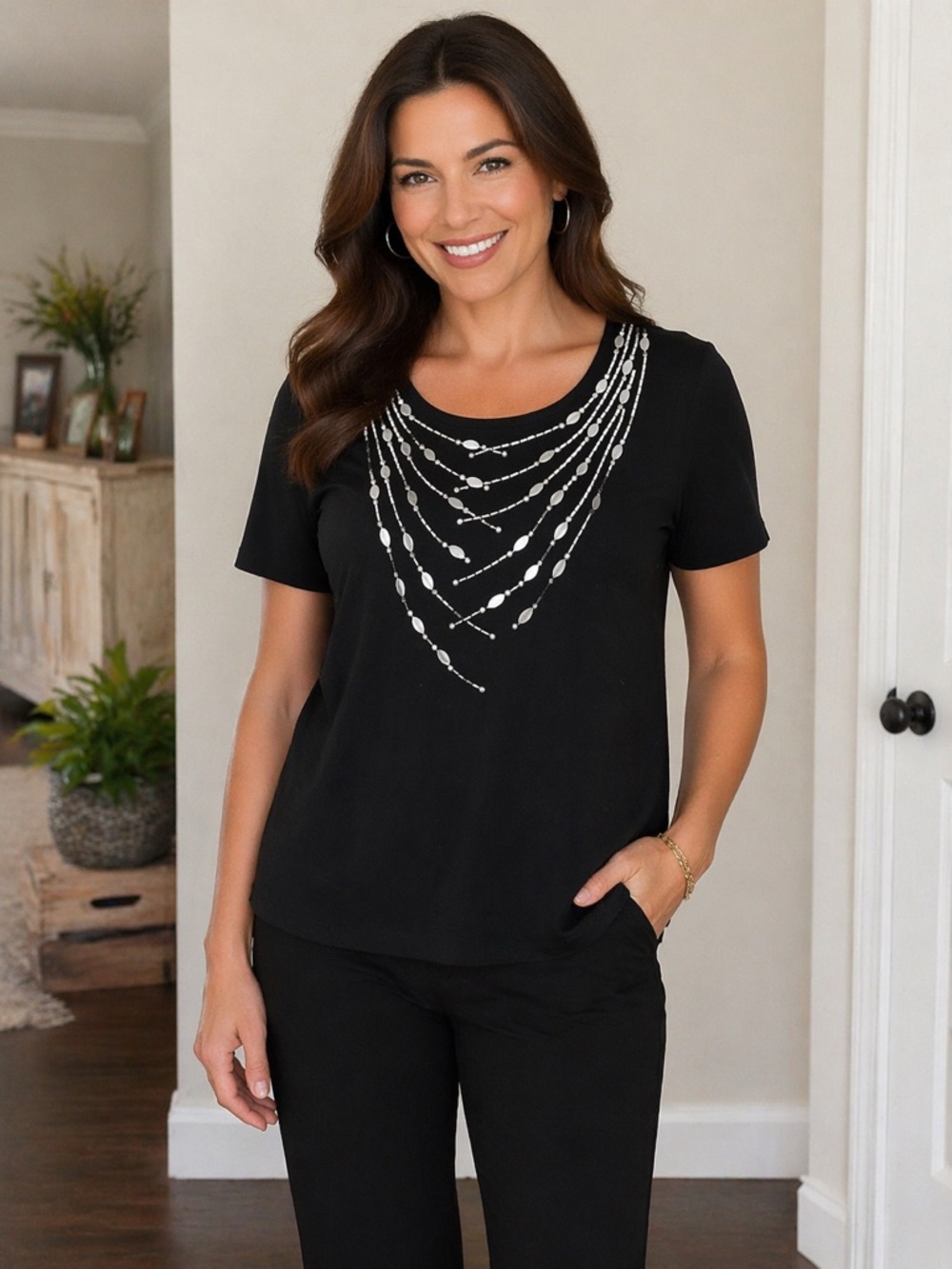 Bob Mackie Wearable Art Black Embellished Top L EUC Beaded Necklace Design